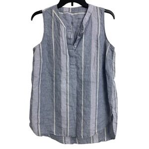 Blue White Striped Sleeveless Linen Blend Split Neck Tunic Top Small